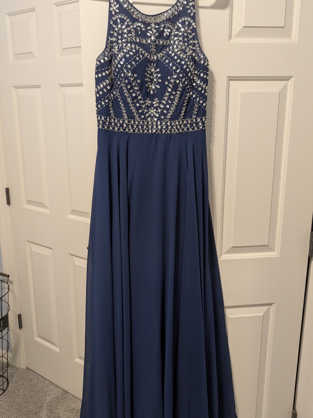 JJs House Navy Beaded High-Neck Prom Gown